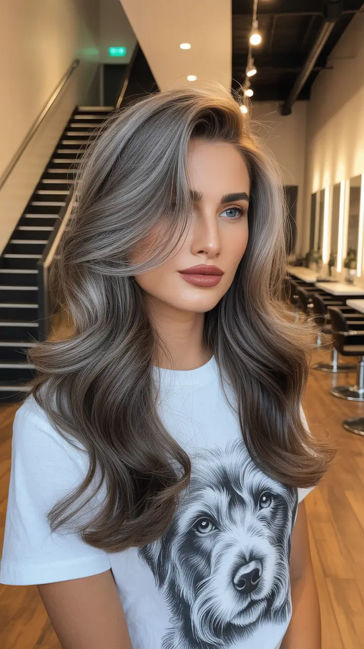 elegant spring balayage hair color 2026 Smoky Ash Balayage with Sculpted Volume