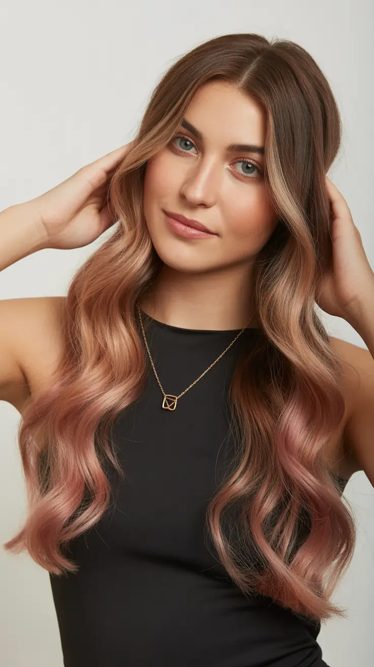 elegant spring balayage hair color 2026 Rosy Copper Balayage with Soft Romance