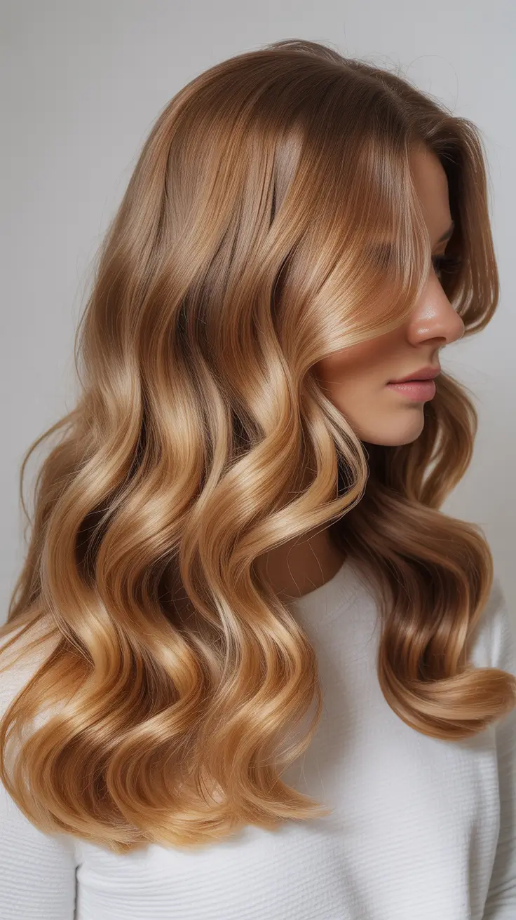 elegant spring blonde hair color designs 2026 Polished Caramel Blonde With Soft Sculpted Waves