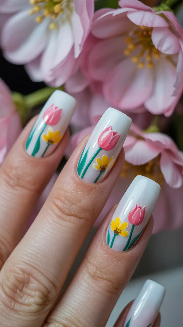 elegant white spring nails for 2026 Soft White Florals With a Hand-Painted Touch