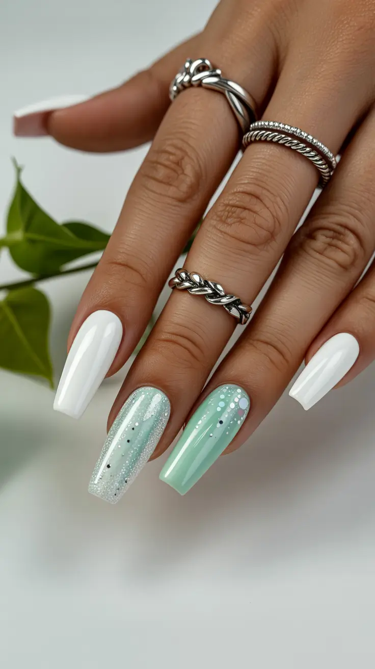 elegant white spring nails for 2026 Mint and White Almond with Subtle Sparkle