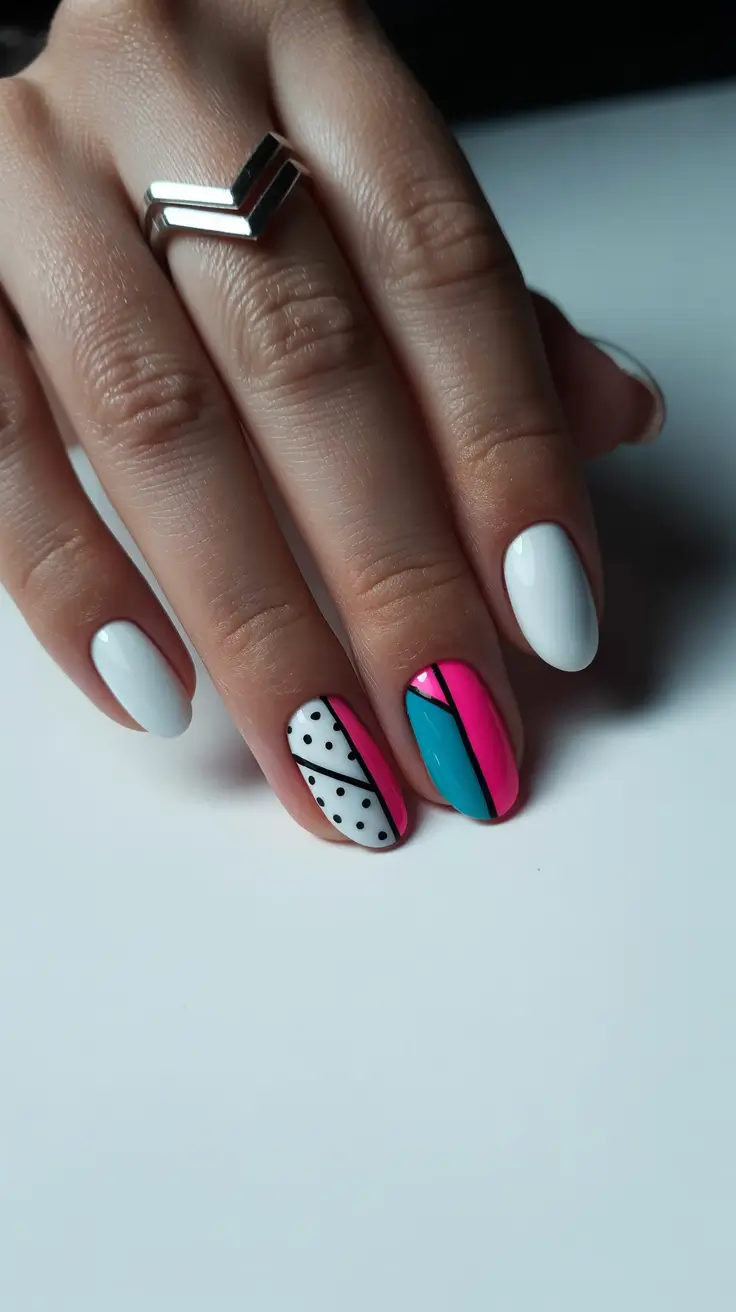 elegant white spring nails for 2026 Color-Blocked Pop Art on a White Base