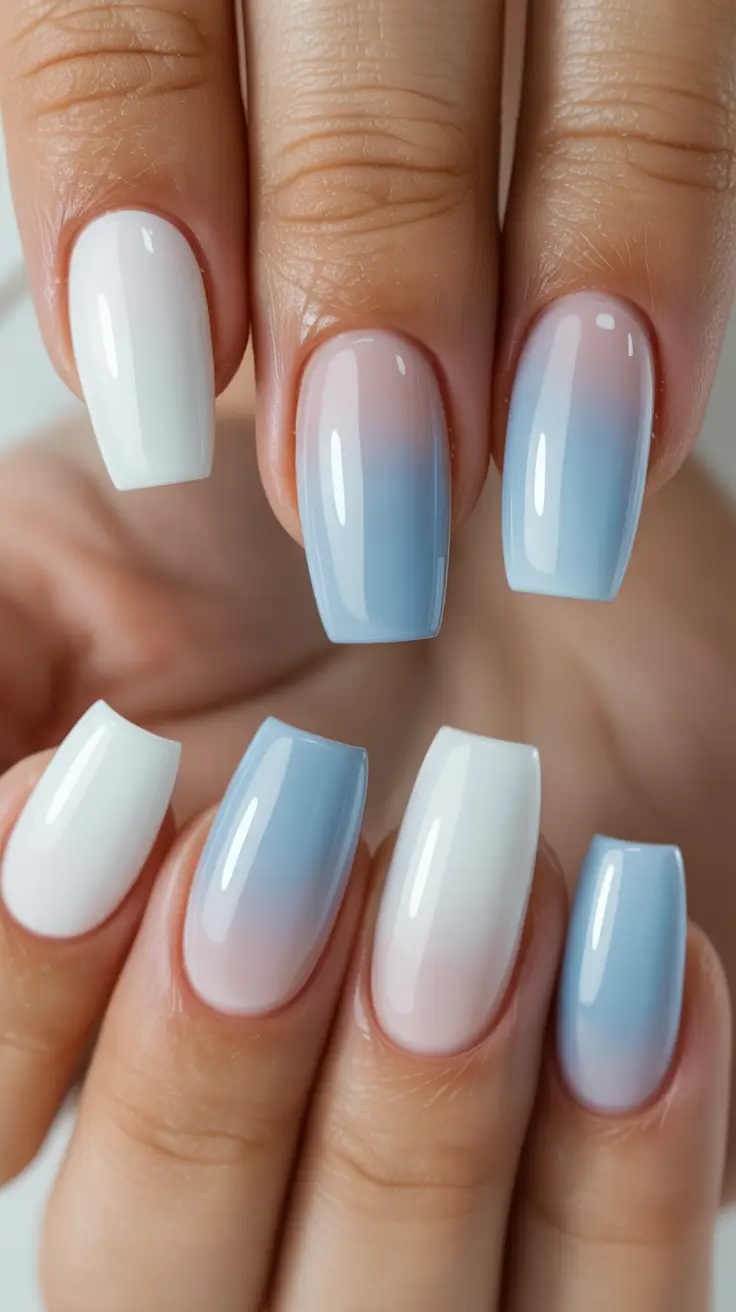 elegant white spring nails for 2026 Powder Blue Ombre Melt Into White
