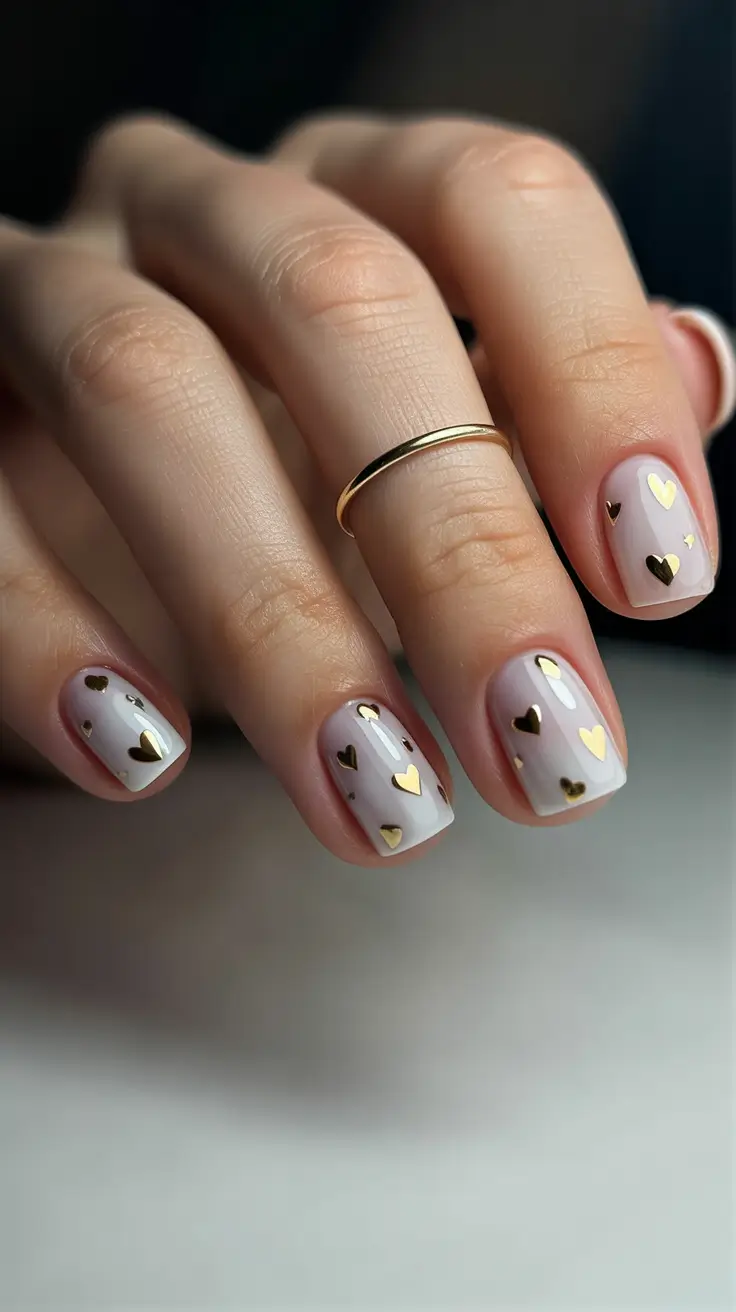 elegant white spring nails for 2026 Glossy White With Mini Gold Heart Accents
