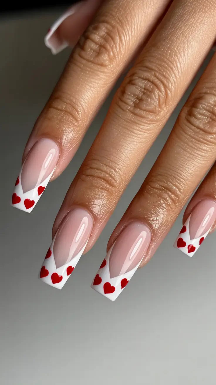 elegant white spring nails for 2026 Classic White French With Tiny Red Hearts