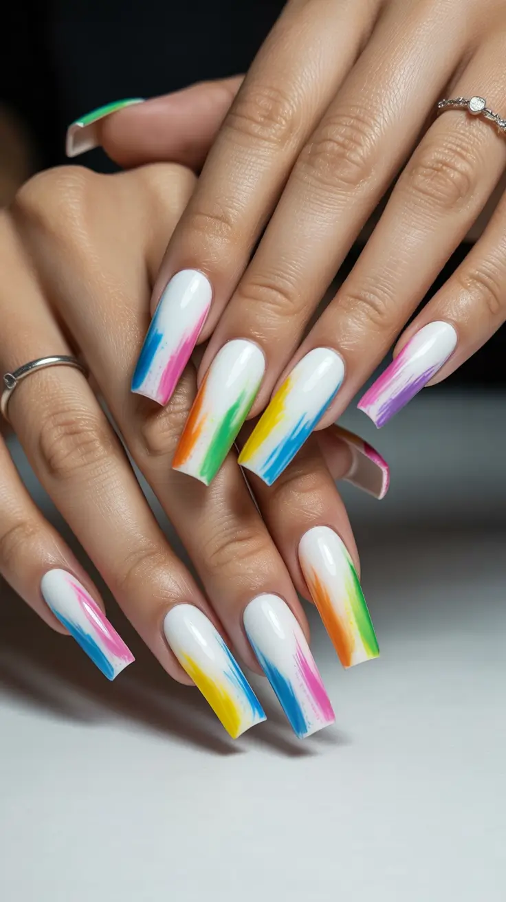 elegant white spring nails for 2026 Abstract Rainbow Strokes Over Glossy White