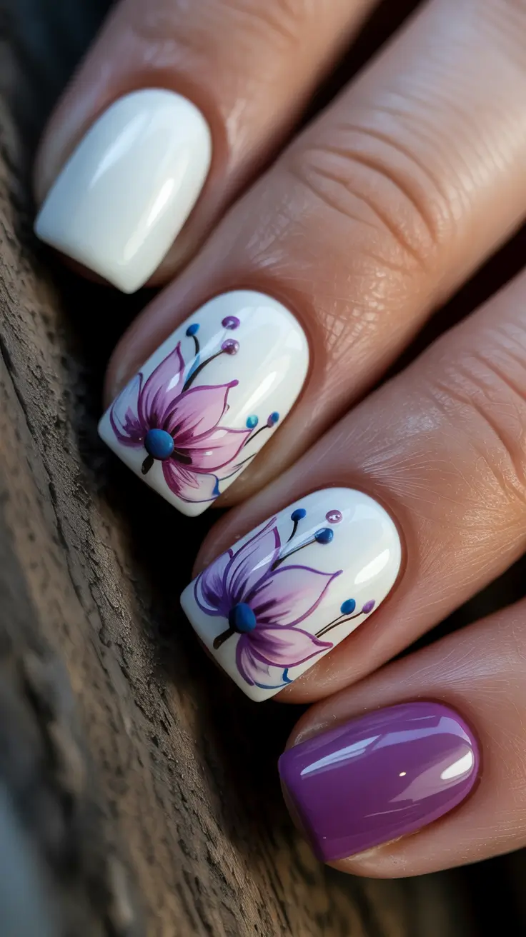 elegant white spring nails for 2026 Violet Floral Accent on a Clean White Base