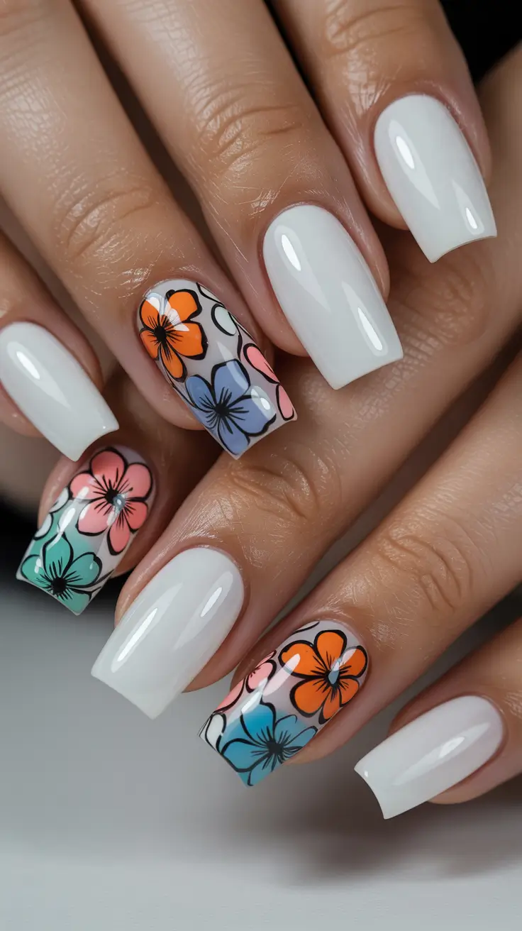 elegant white spring nails for 2026 Bold Retro Blooms on a Glossy White Canvas