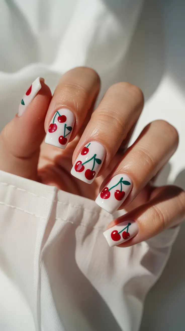 elegant white spring nails for 2026 Cherry Pop Minimalism on Milky White