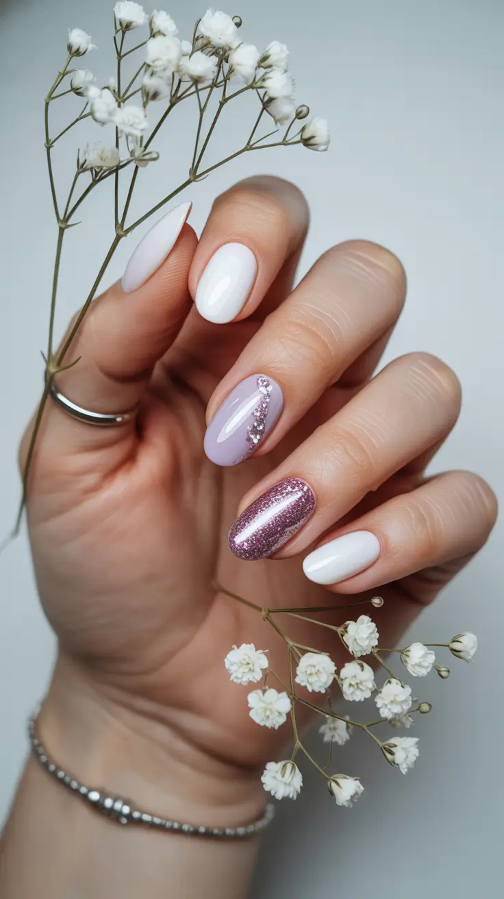 elegant white spring nails for 2026 White and Lilac With a Hint of Glitter Drama
