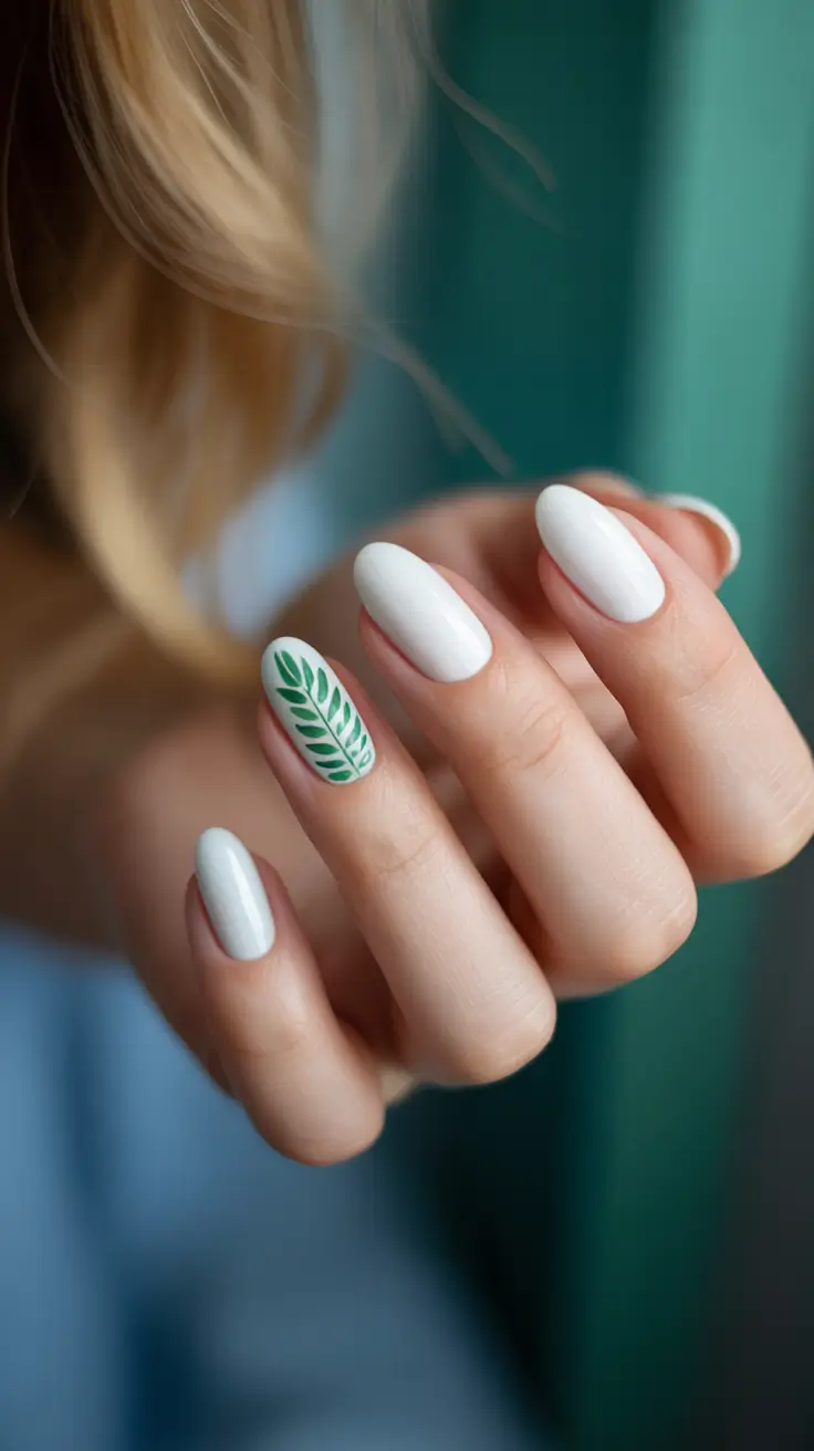 elegant white spring nails for 2026 Botanical Accent on Crisp White Almond Nails