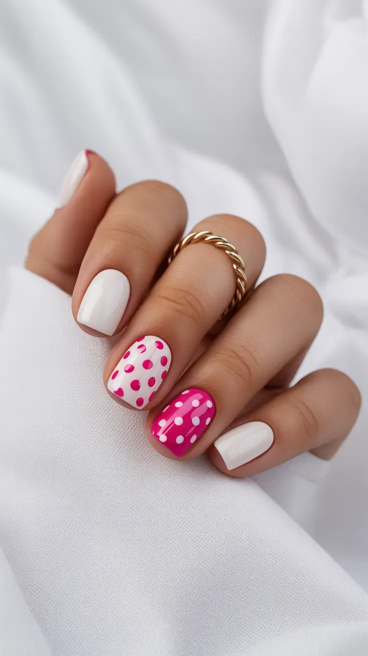 elegant white spring nails for 2026 Playful Pink Polka Dots on a Crisp White Base