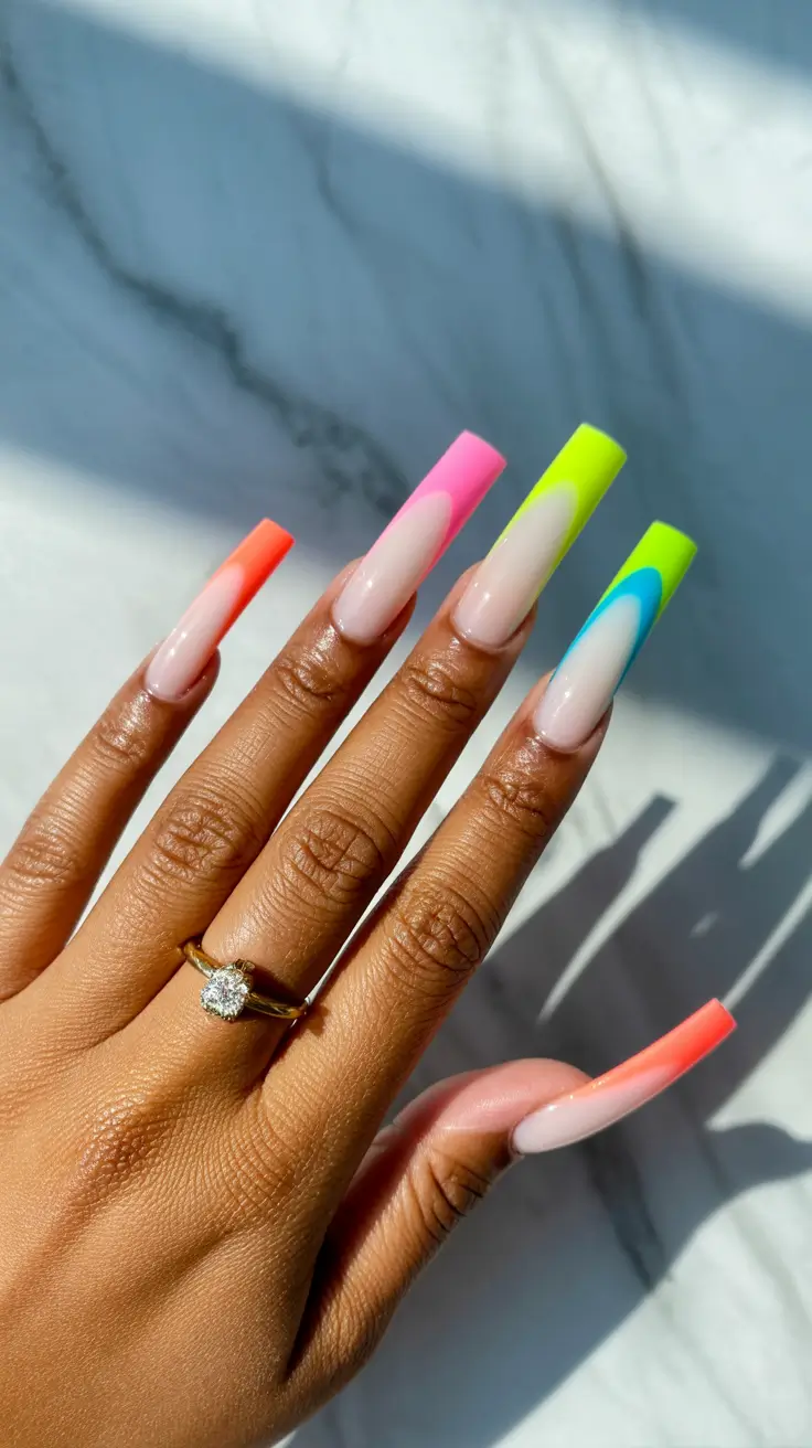 elegant white spring nails for 2026 Neon French Fade on a Milky White Base