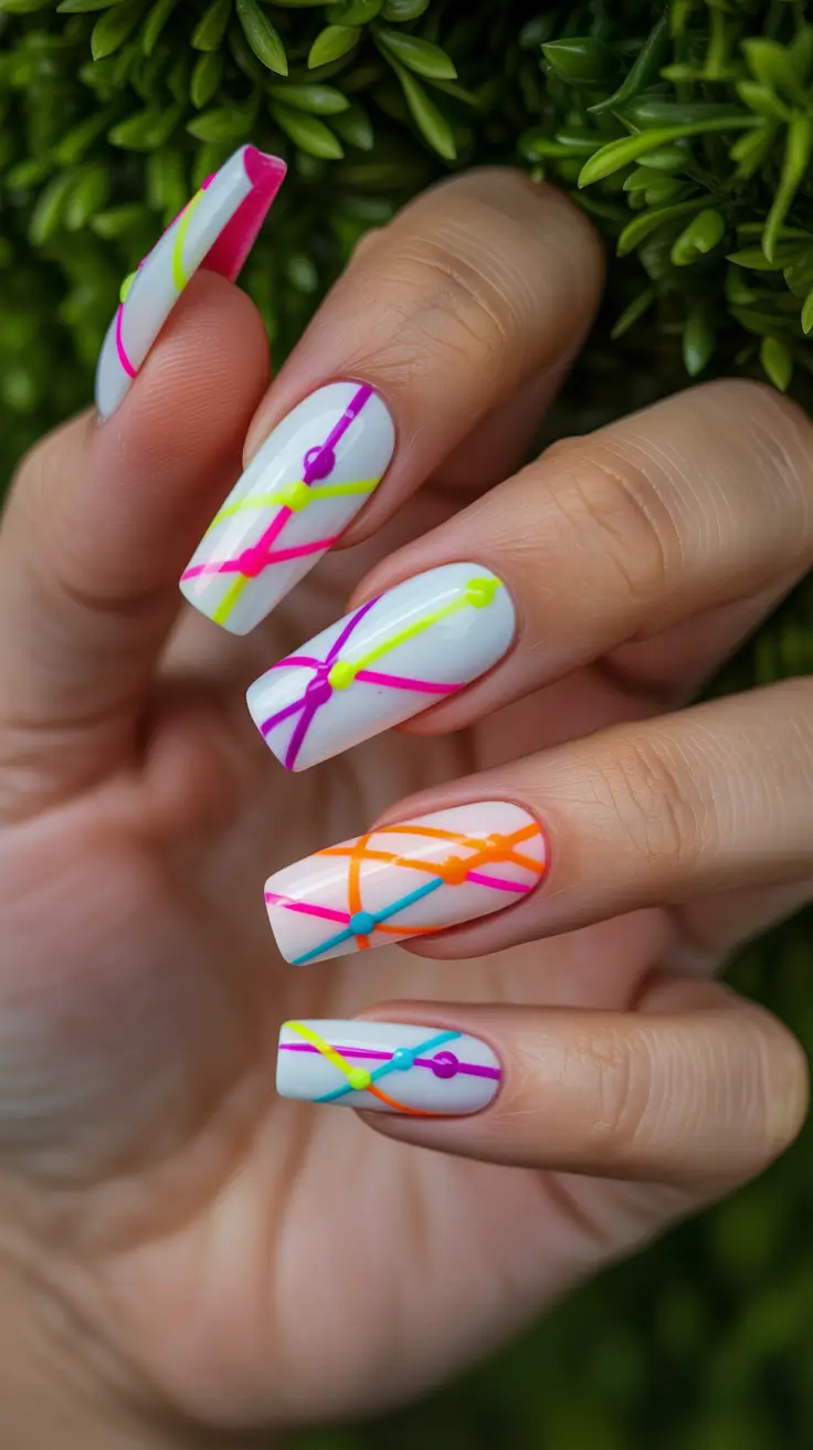 elegant white spring nails for 2026 Graphic Neon Lines on a Clean White Canvas