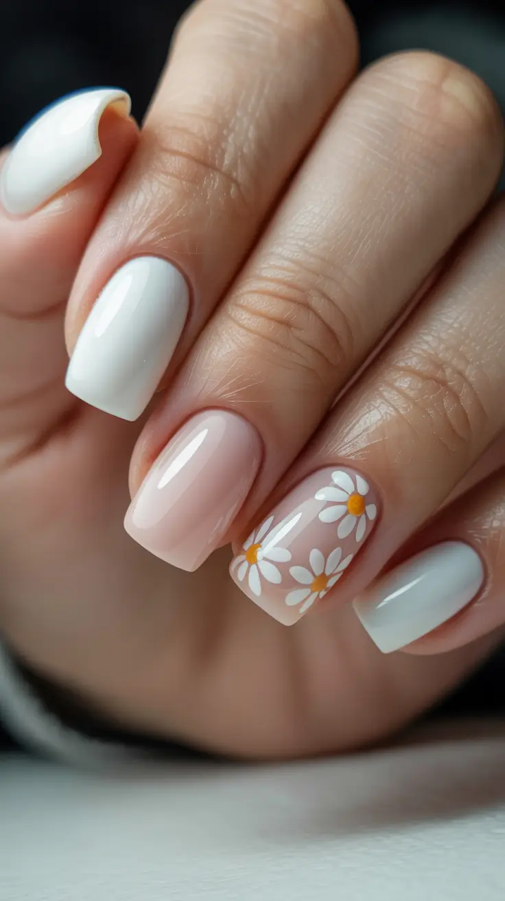 elegant white spring nails for 2026 Soft White and Blush Daisies