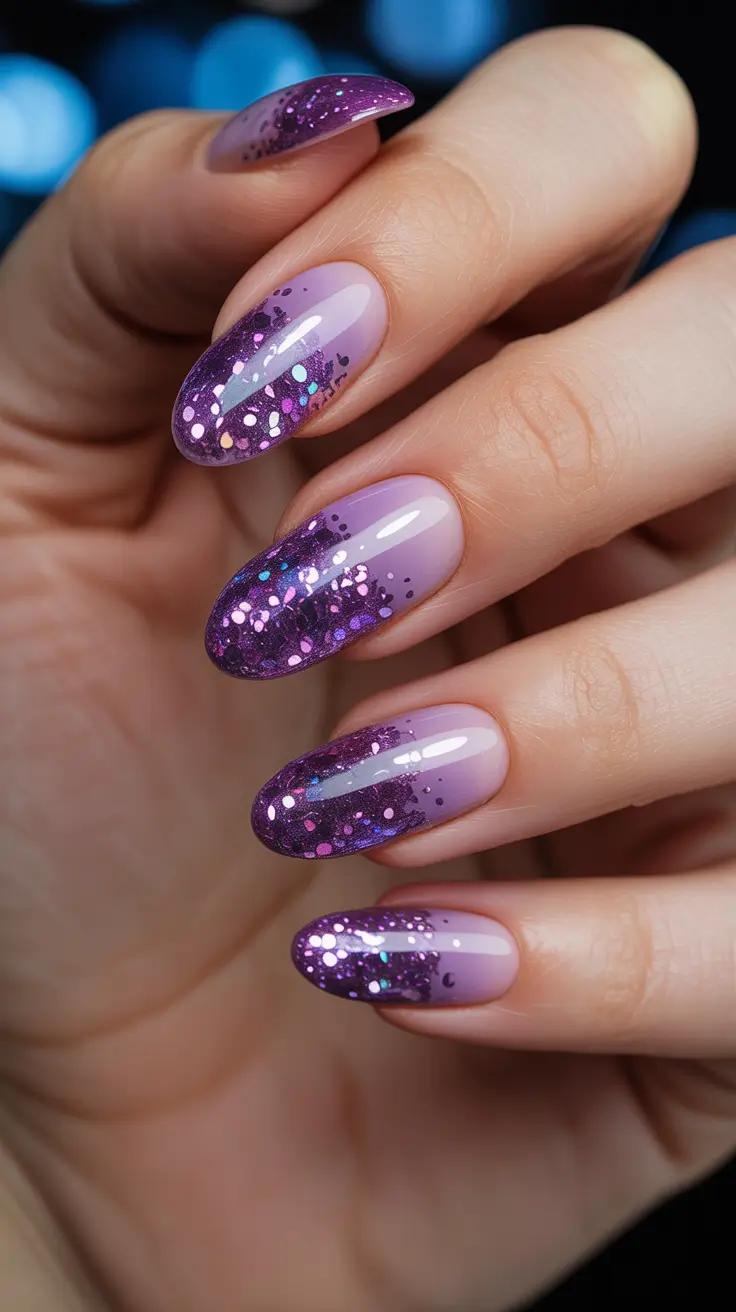 March Nails Color Ideas - Spring 2026 Lilac Glitter Fade