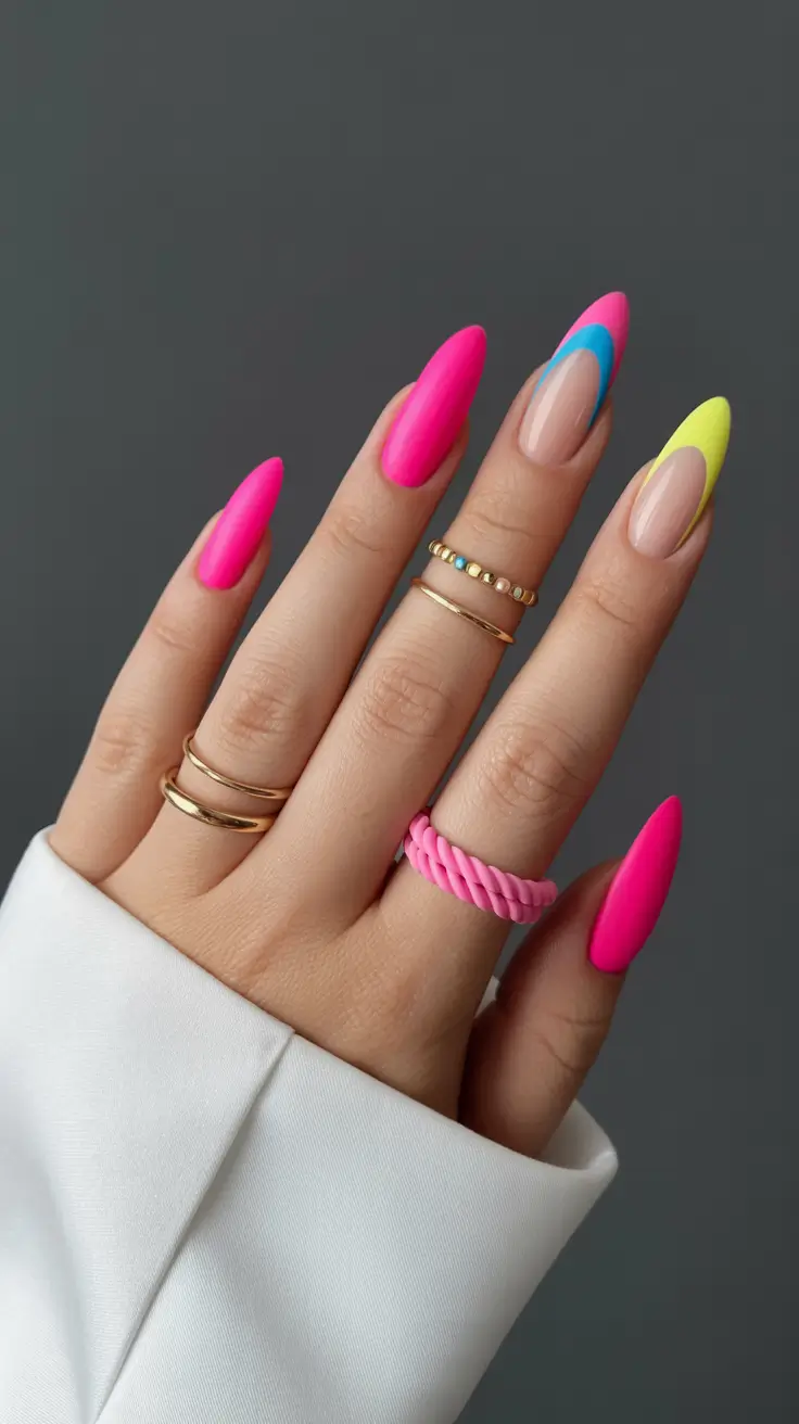 March Nails Color Ideas - Spring 2026 Neon Pink French Tips