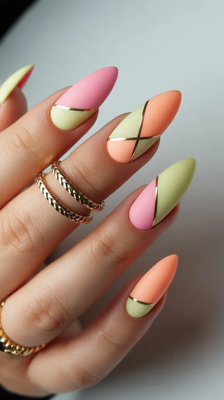 March Nails Color Ideas - Spring 2026 Pastel Color Blocking With Gold