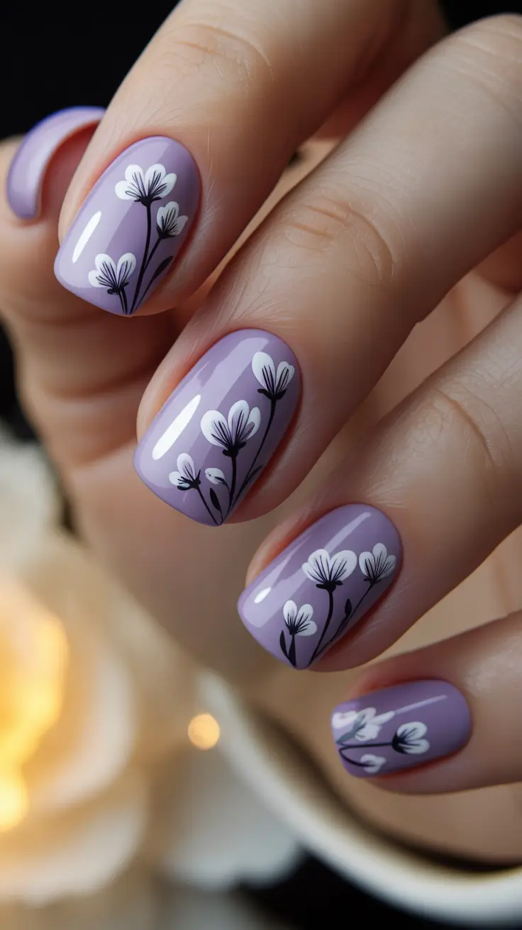 March Nails Color Ideas - Spring 2026 Lavender Base With Minimal White Floral Details