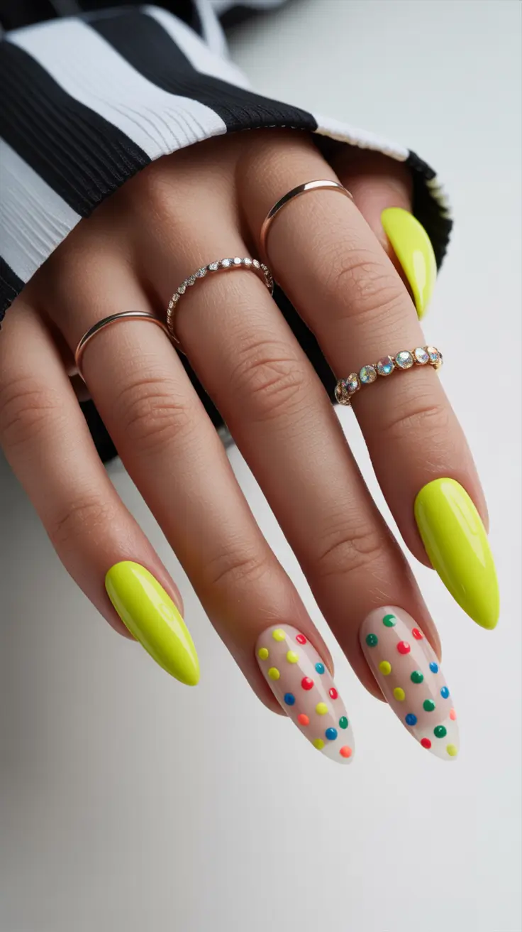 March Nails Color Ideas - Spring 2026 Lime Green With Multicolor Polka Dot Accents