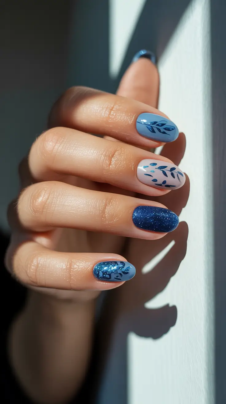 March Nails Color Ideas - Spring 2026 Blue Tones With Subtle Leaf Motifs