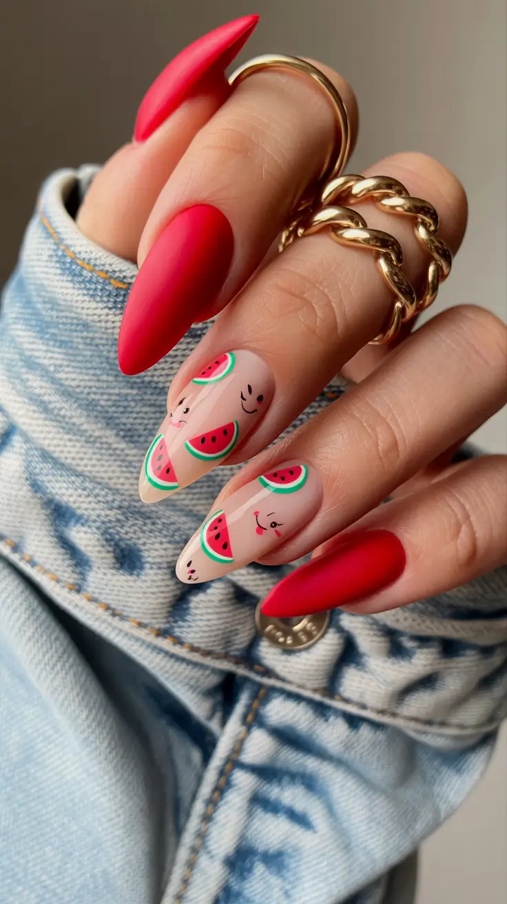 March Nails Color Ideas - Spring 2026 Bold Red With Playful Watermelon Art