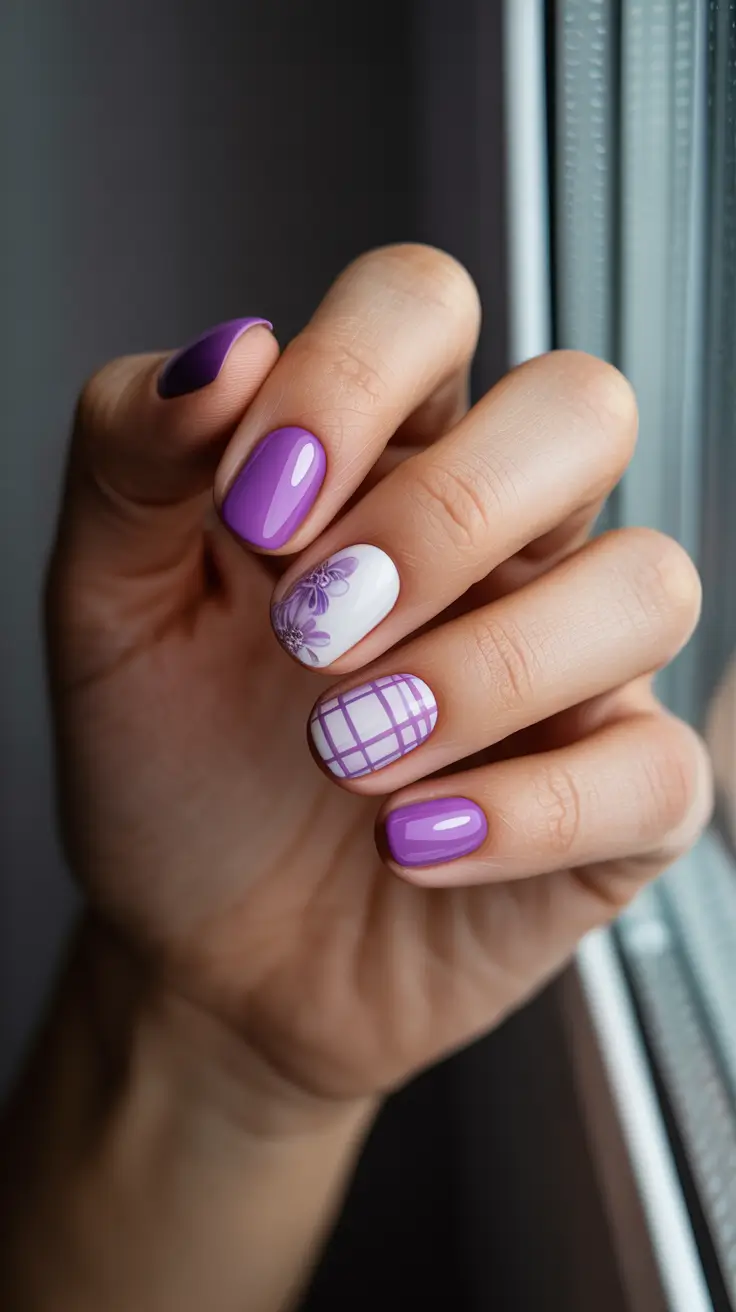 March Nails Color Ideas - Spring 2026 Lavender With Graphic Grid Details