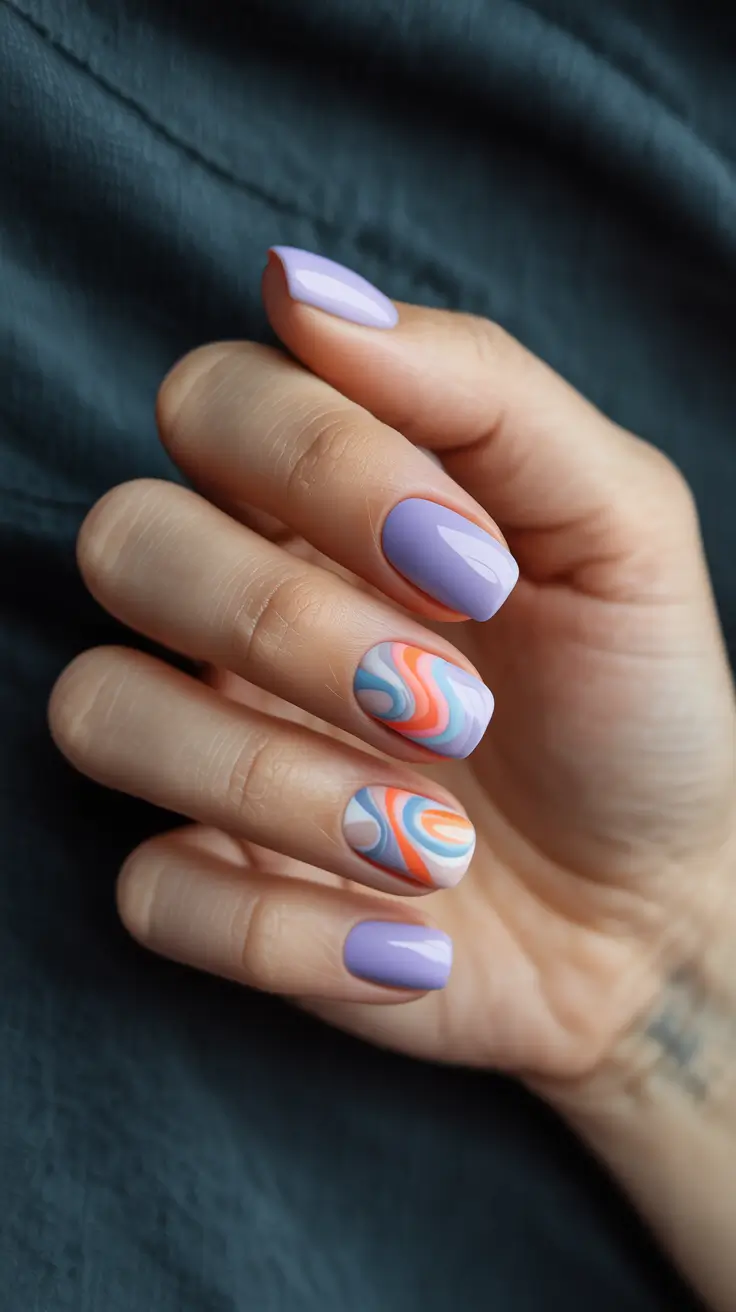March Nails Color Ideas - Spring 2026 Pastel Swirl Accents On Soft Lilac