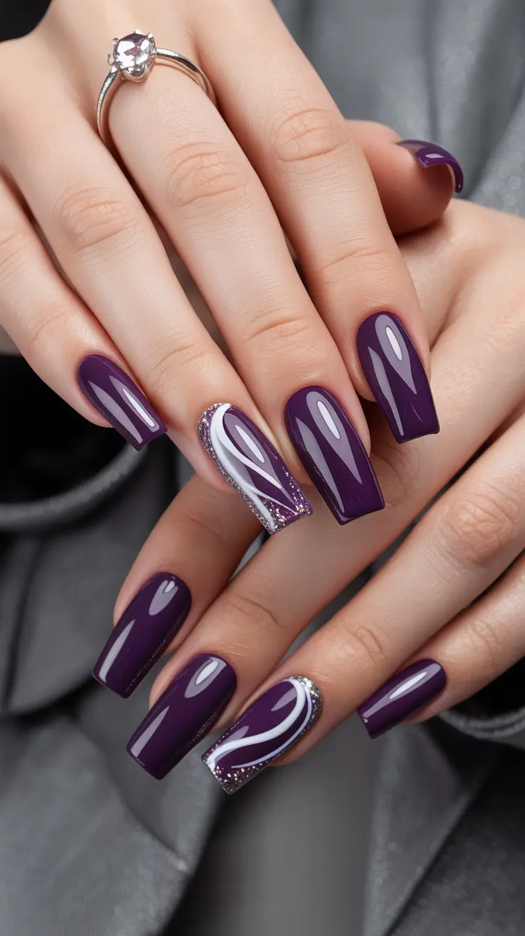 March Nails Color Ideas - Spring 2026 Deep Plum With Metallic Curve Accents