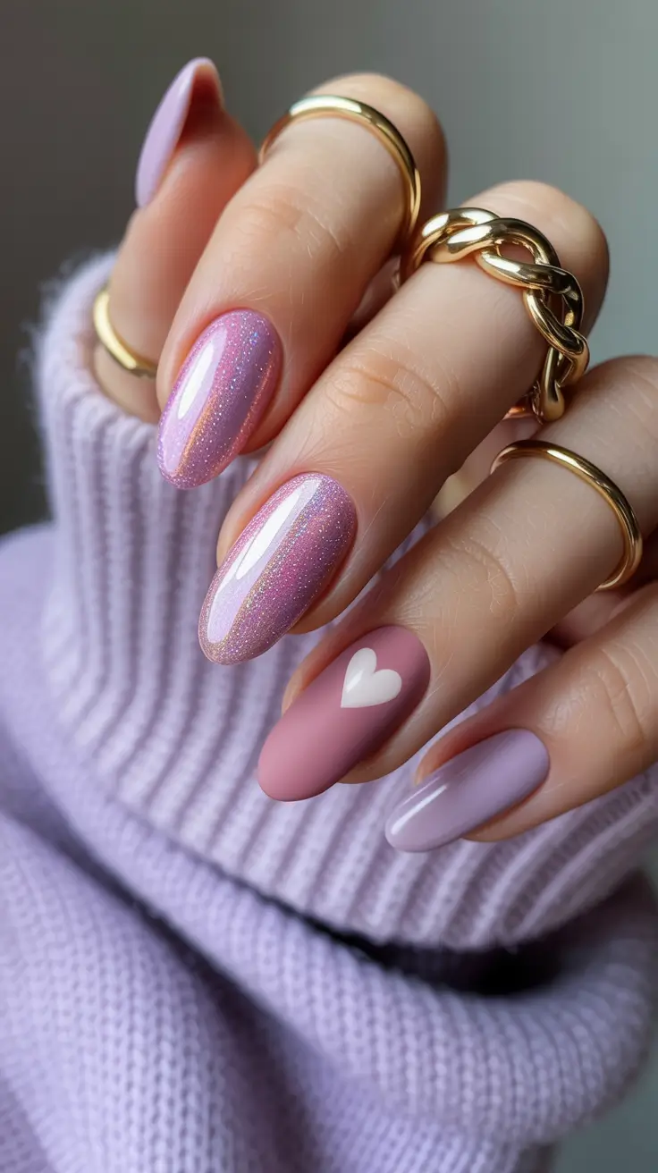 March Nails Color Ideas - Spring 2026 Soft Lilac and Rose With Heart Detail