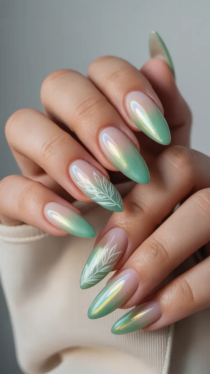 March Nails Color Ideas - Spring 2026 Iridescent Green With Botanical Line Art