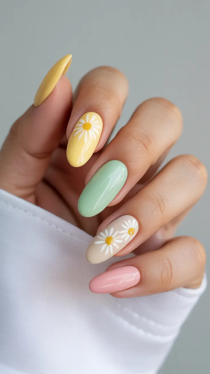 March Nails Color Ideas - Spring 2026 Pastel Mix With Daisy Motifs