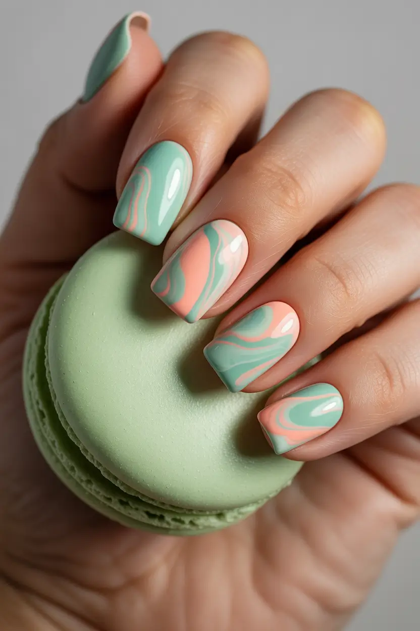 March Nails Design Ideas Spring 2026 Mint Peach Marble Nails