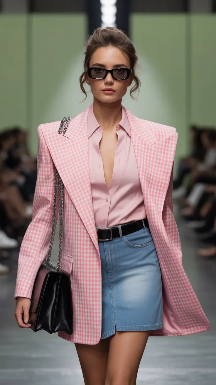 March Outfits Ideas Spring 2026 Pink Checked Blazer Look