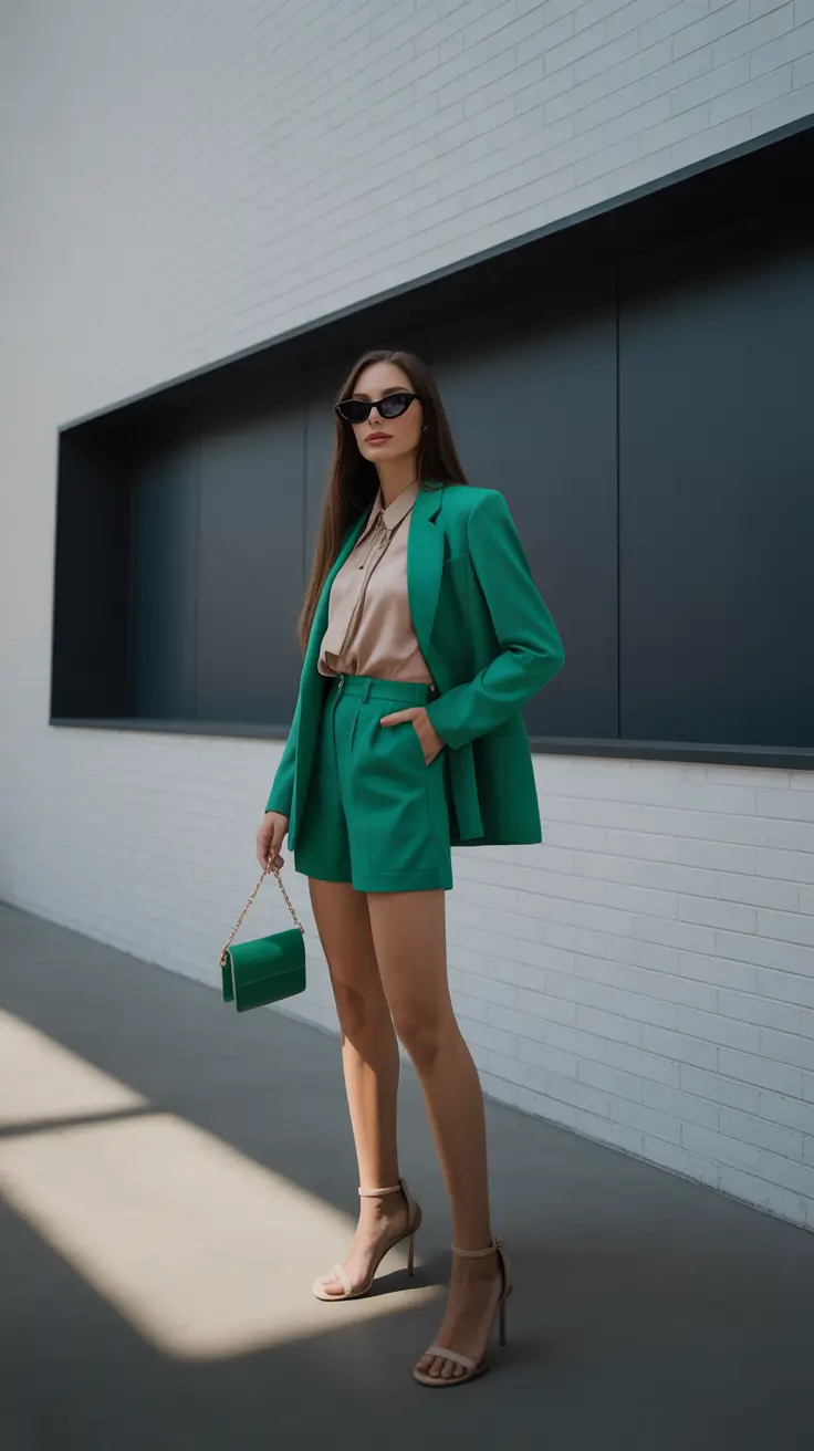 March Outfits Ideas Spring 2026 Green Tailored Shorts Suit