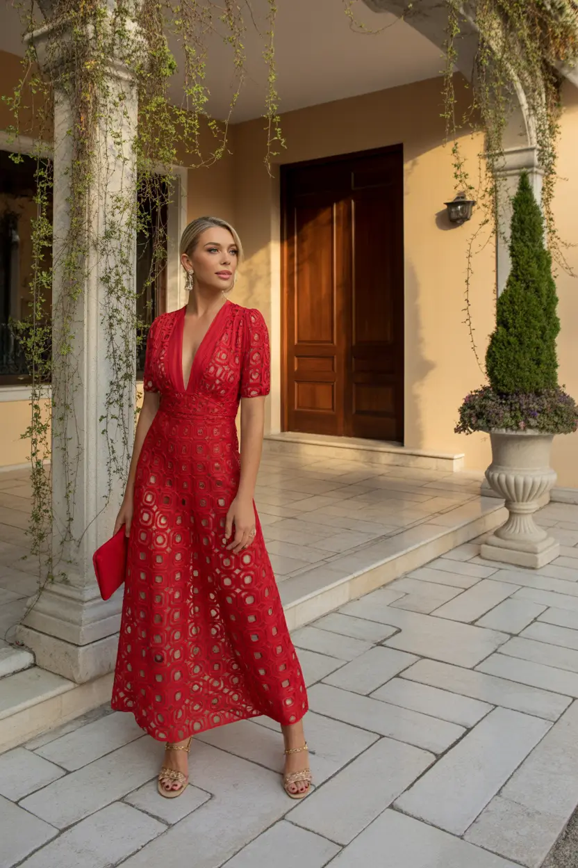 minimalist spring wedding guest outfit 2026 Red Lace With Refined Simplicity