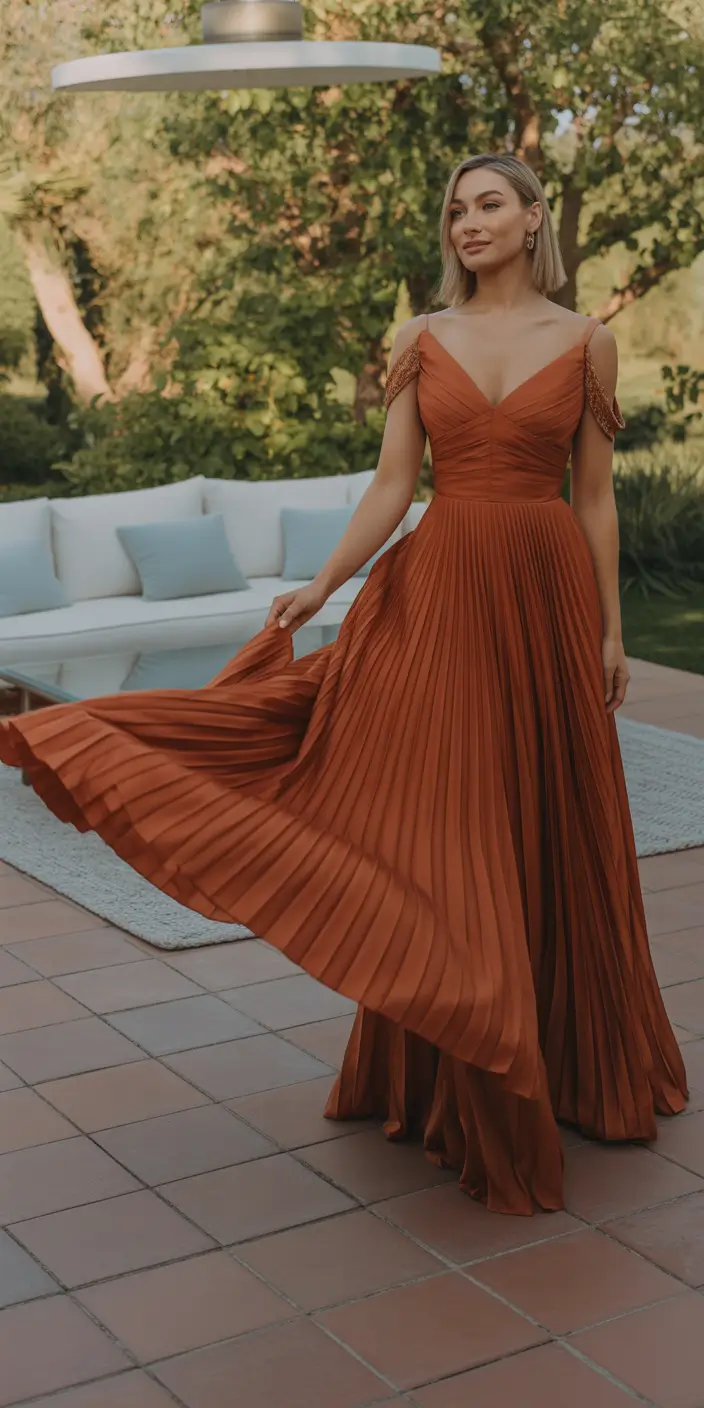 minimalist spring wedding guest outfit 2026 Pleated Movement in Earthy Tones
