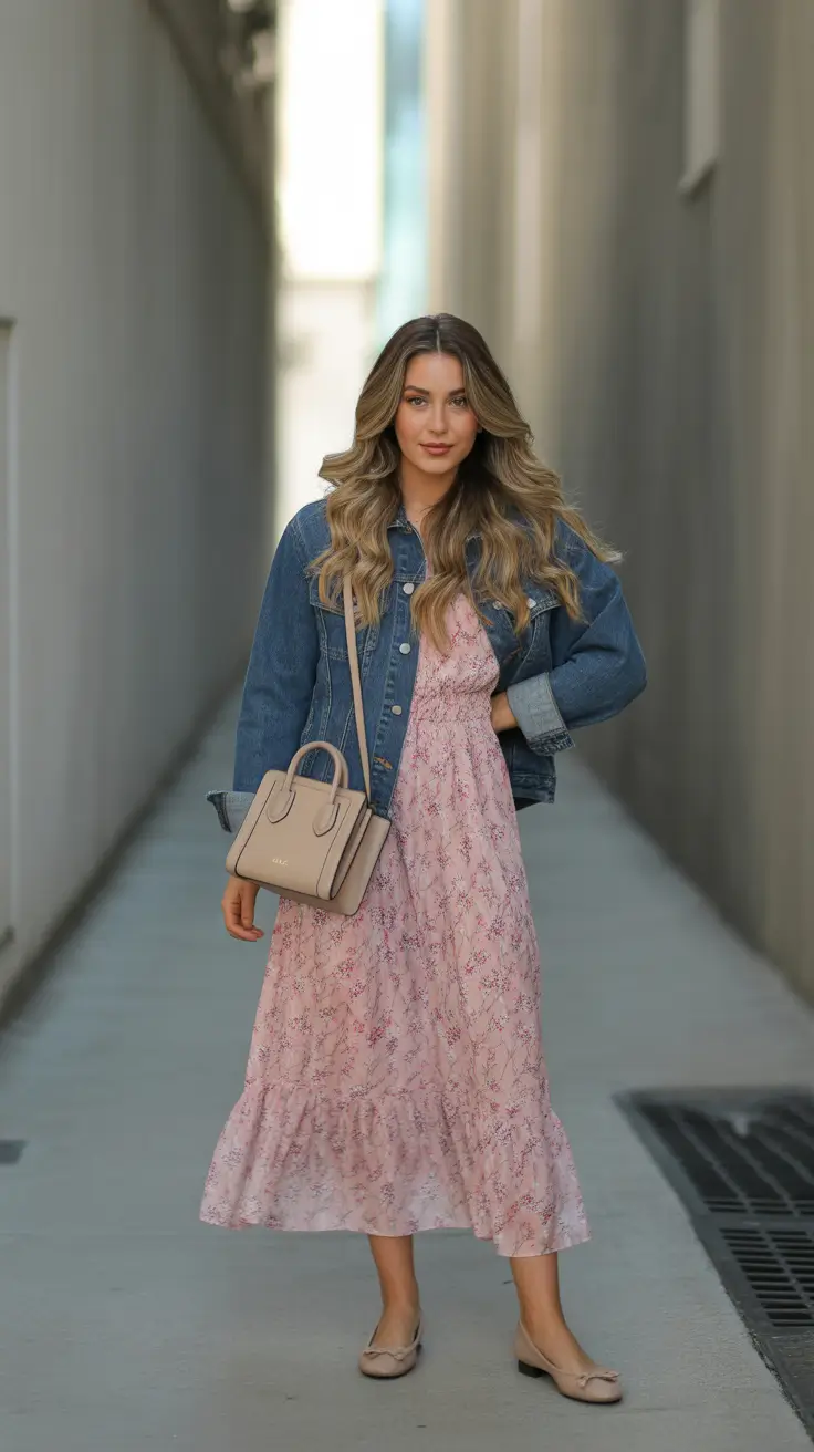 must-have spring dress outfits 2026 Soft Pink Layers With a Denim Counterbalance