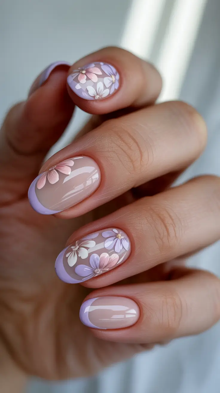 pastel spring floral nails 2026 Lavender French With Whispered Petals