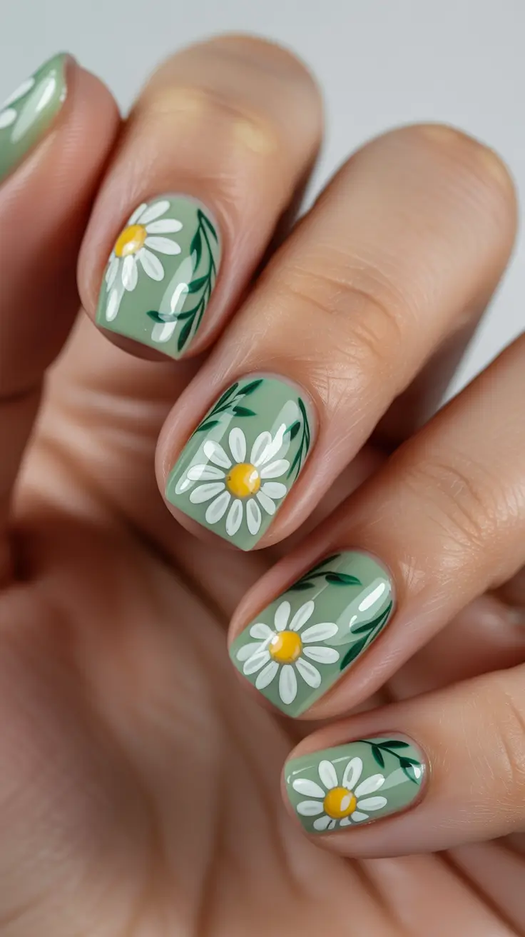 pastel spring floral nails 2026 Soft Sage Daisies With Botanical Detail