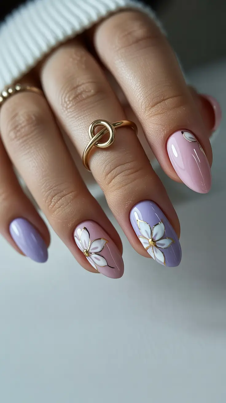 pastel spring floral nails 2026 Blush and Lilac With Gold Outlined Petals