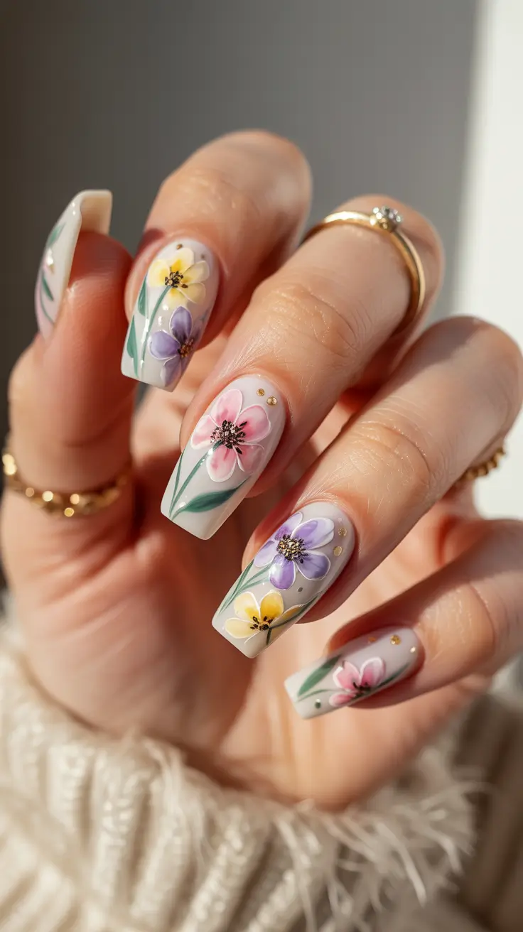 pastel spring floral nails 2026 Painterly Meadow Florals on Milky Base