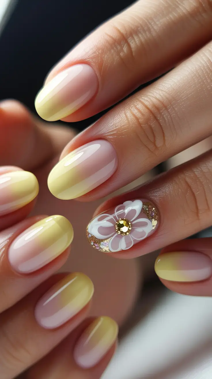 pastel spring floral nails 2026 Lemon Ombre With Crystal Bloom Accent