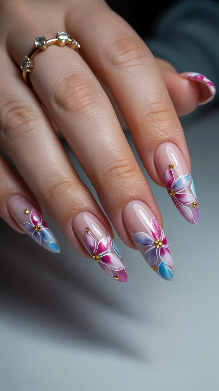 pastel spring floral nails 2026 Stiletto Petals With Jewel Centers