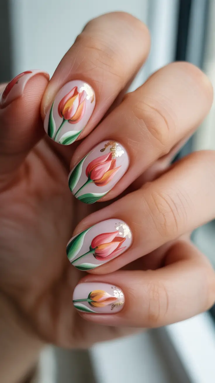 pastel spring floral nails 2026 Soft Tulip Art on Milky Nude