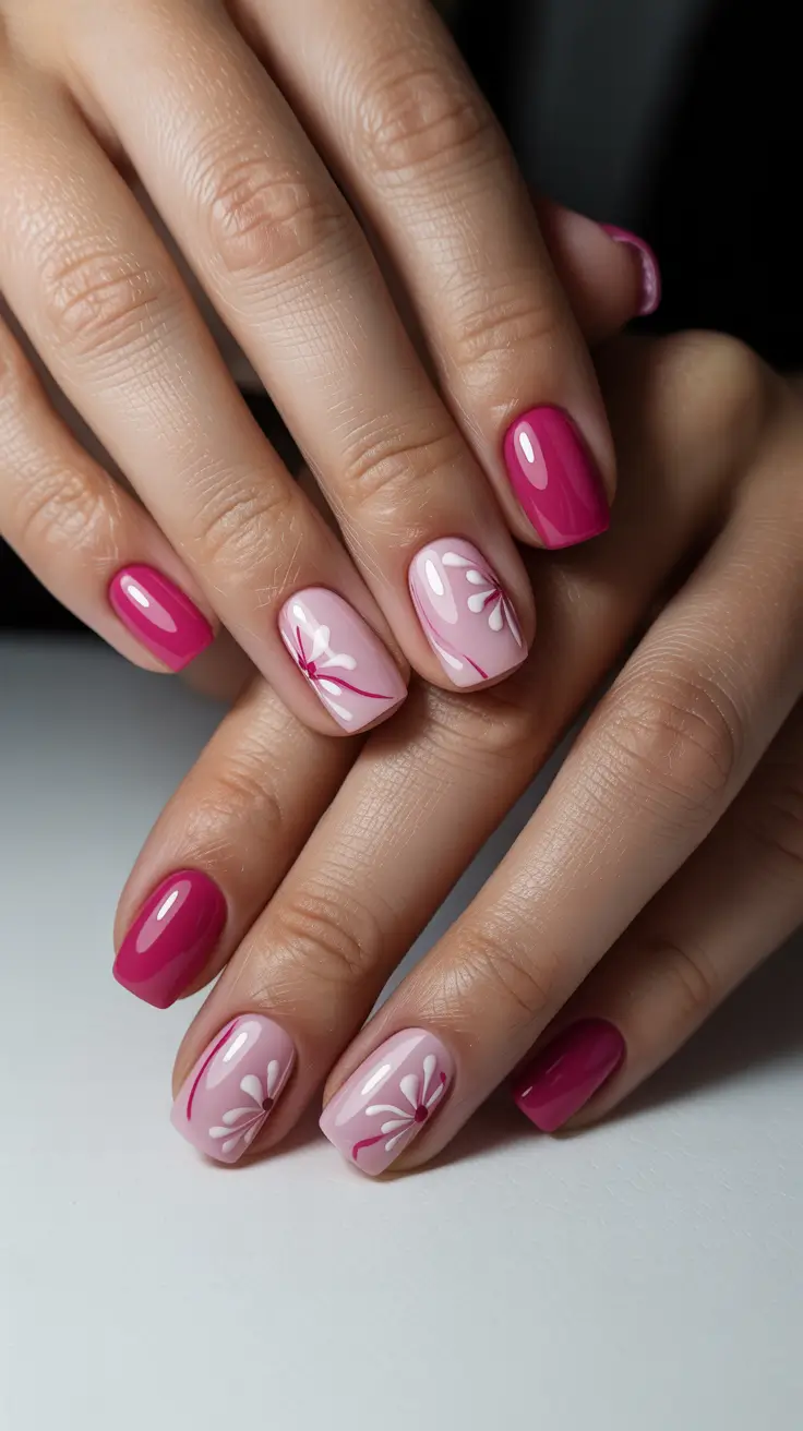 pastel spring floral nails 2026 Blush Pink and Bold Fuchsia Blossoms