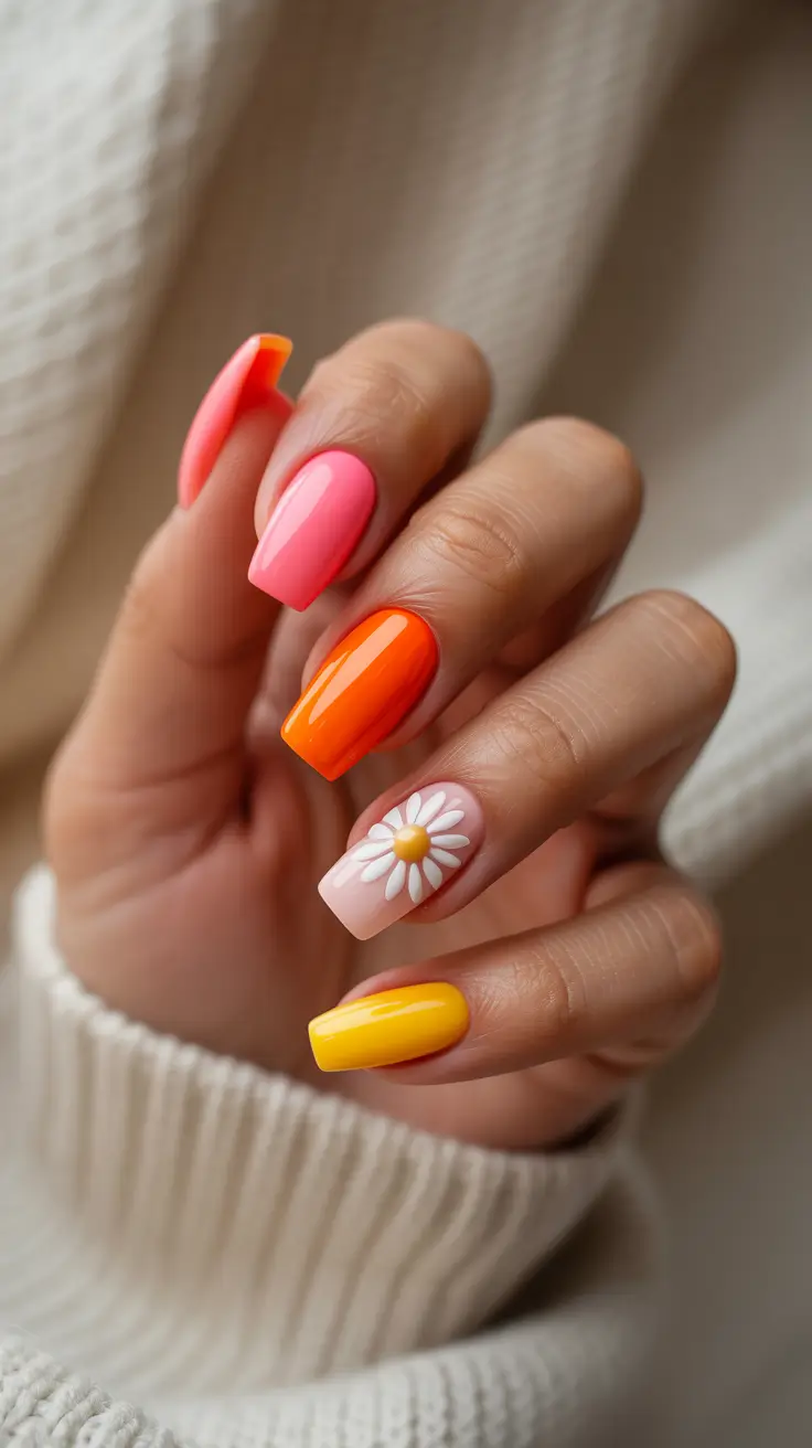 pastel spring floral nails 2026 Neon Pop With Minimal Daisy Accent