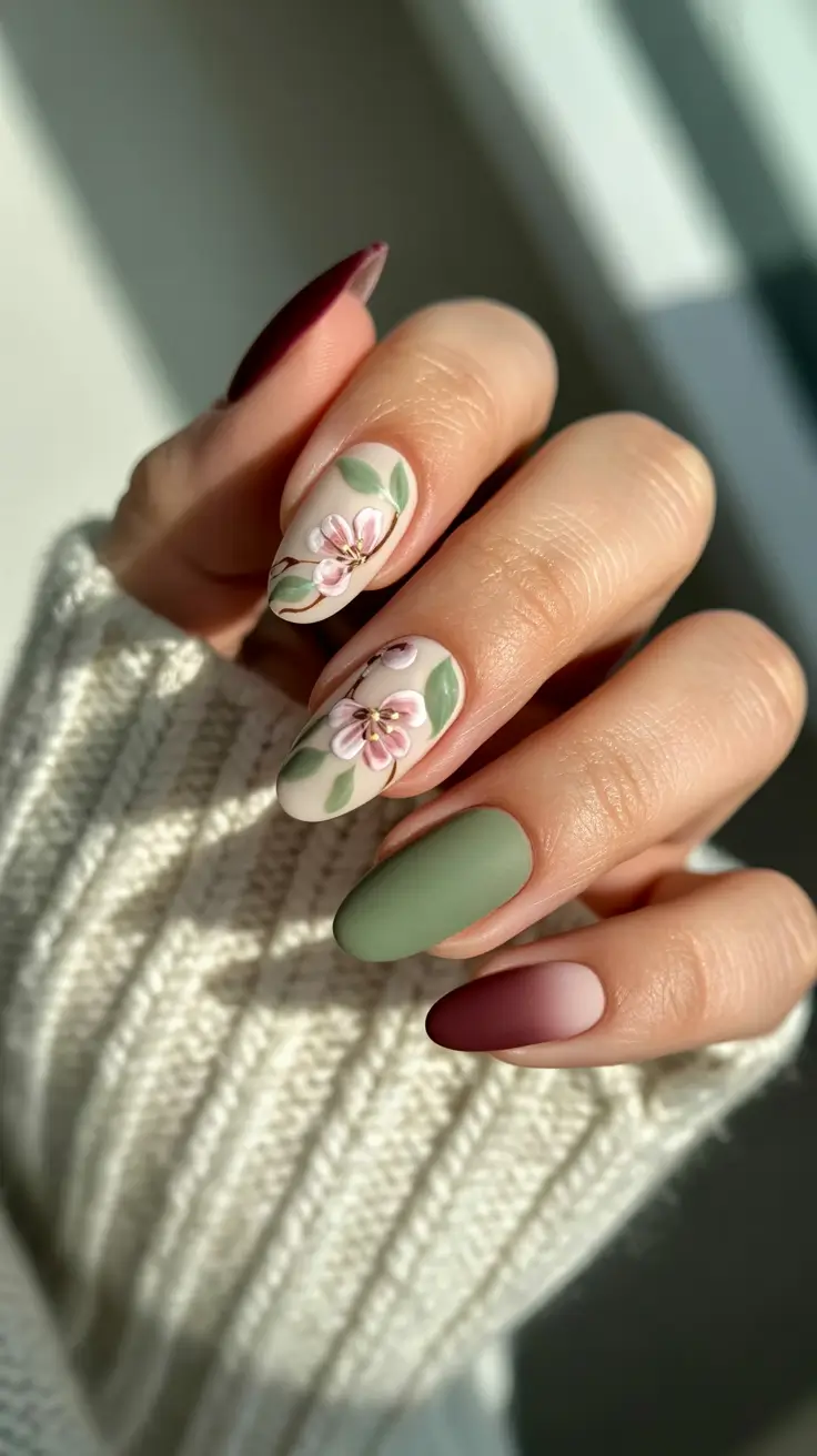 pastel spring floral nails 2026 Botanical Sage With Soft Bloom Details
