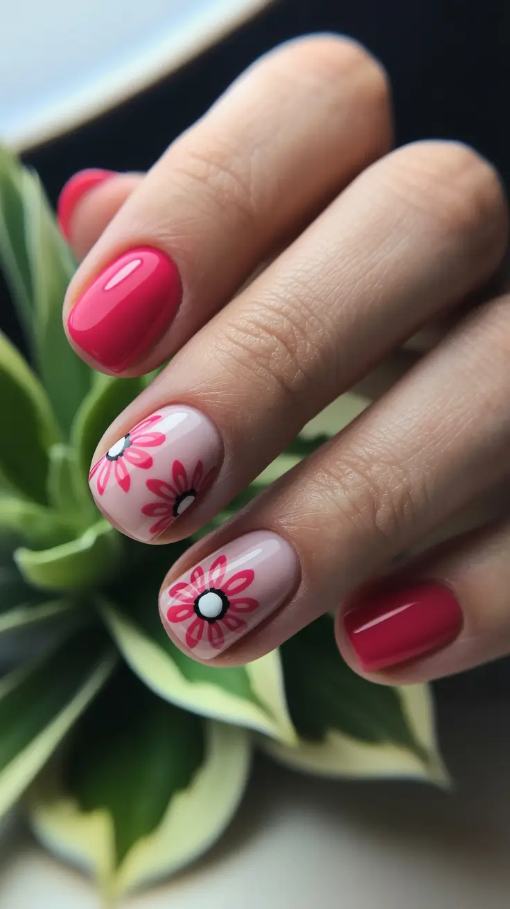 pastel spring floral nails 2026 Hot Coral Meets Minimal Daisy Accents