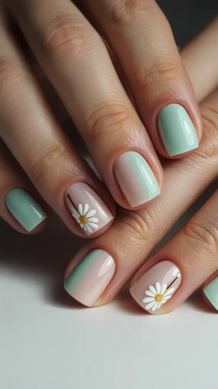 pastel spring floral nails 2026 Mint Gradient With Minimal Daisy Accent